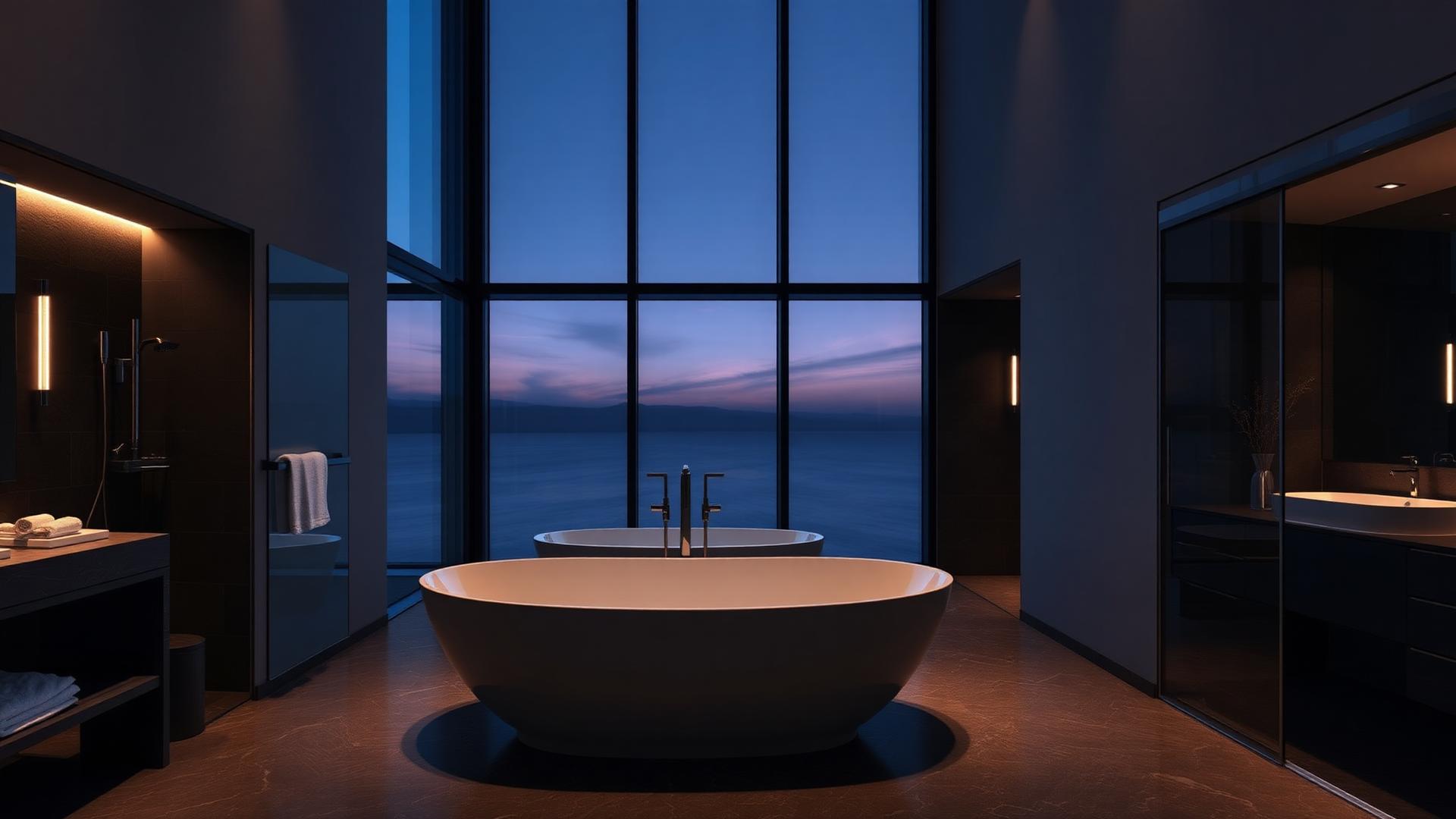 Modern bathroom at dusk
